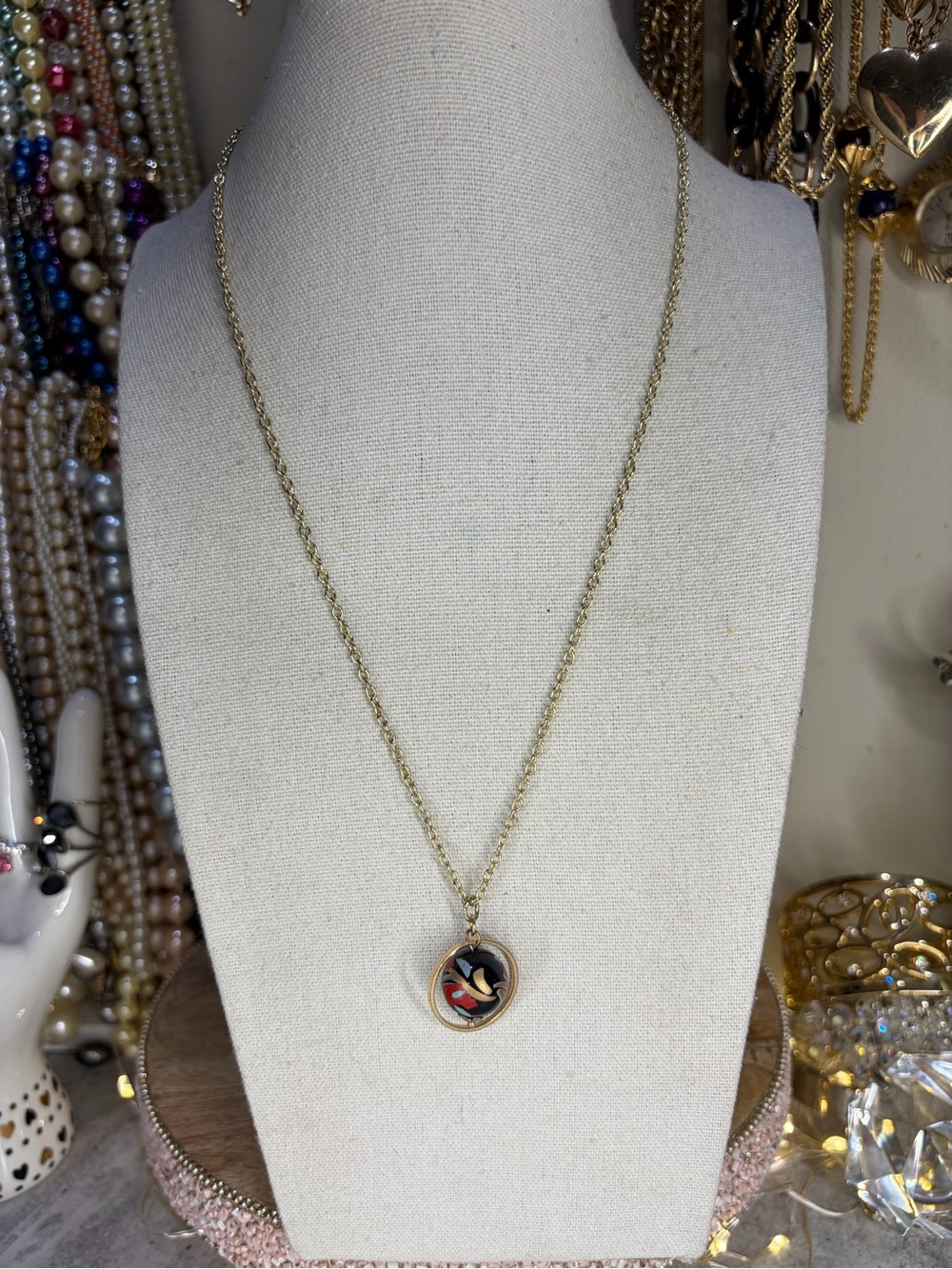 Vintage Necklace Earrings Set Aluminum Beaded Jewelry Gold Tone Black Painted